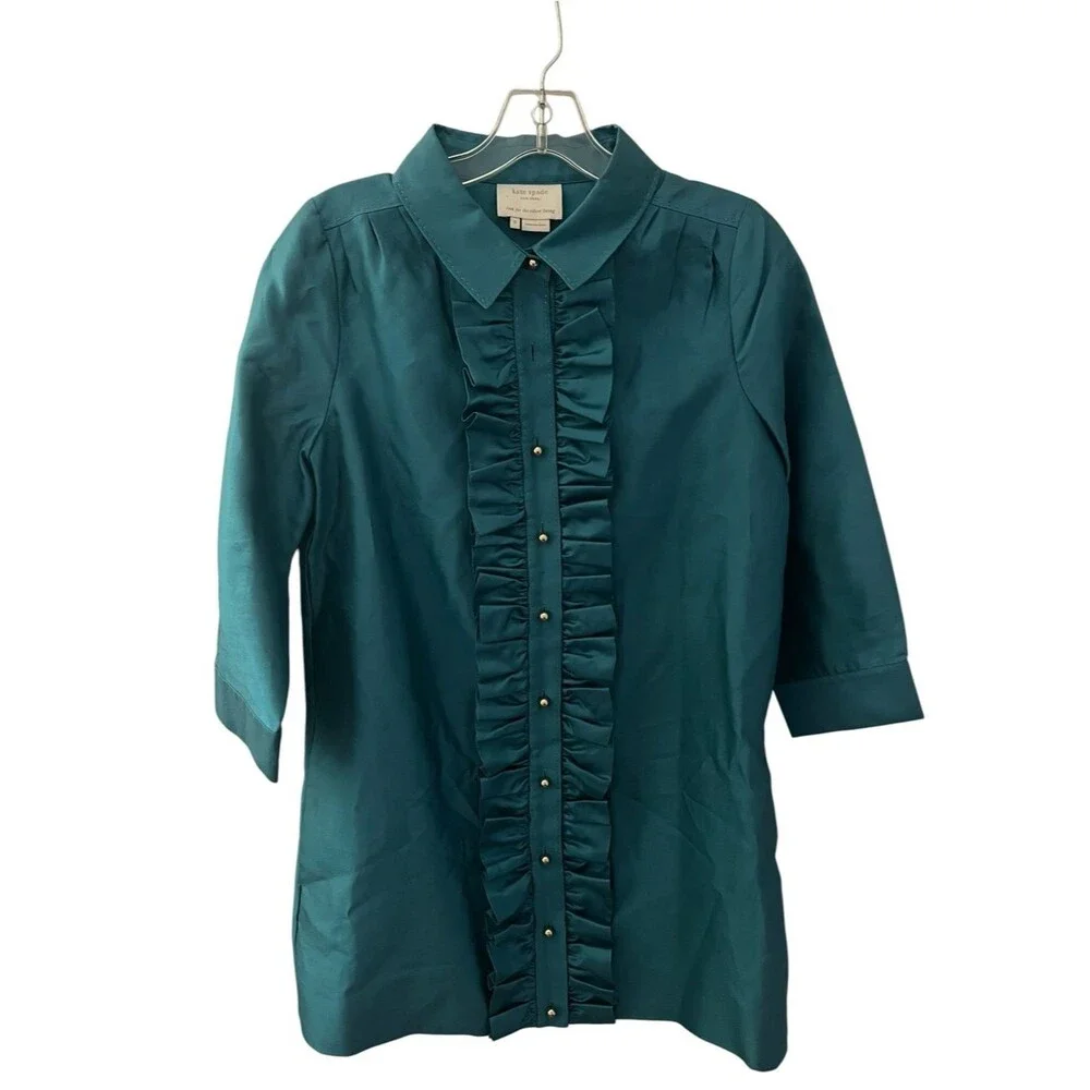 Kate Spade Bethanne Mini Shirt Dress Silk Blend Teal Blue Ruffle Pockets S FLAW